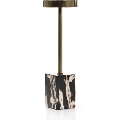 Bevin End Table by Four Hands in dark petrified wood, shiny brass and dark petrified wood. Made from petrified wood, stainless steel in a modern style.