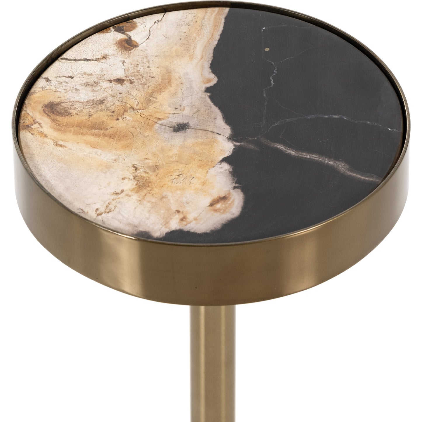 006 SI-1798341 | Closeup | Bevin End Table by Four Hands in dark petrified wood, shiny brass and dark petrified wood. Made from petrified wood, stainless steel in a modern style.