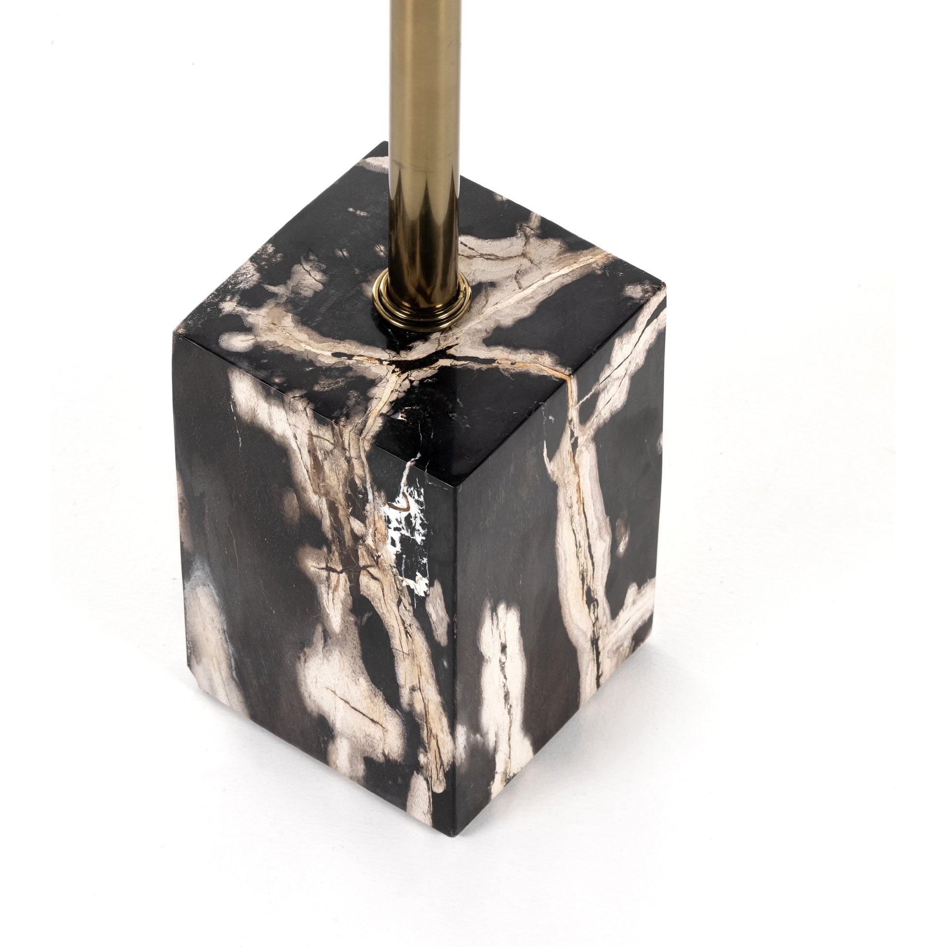 Bevin End Table by Four Hands in dark petrified wood, shiny brass and dark petrified wood. Made from petrified wood, stainless steel in a modern style.