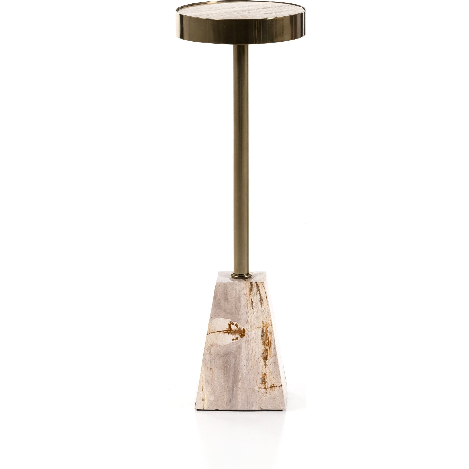 Galen End Table by Four Hands in dark petrified wood, shiny brass. Made from petrified wood, stainless steel in a modern style.
