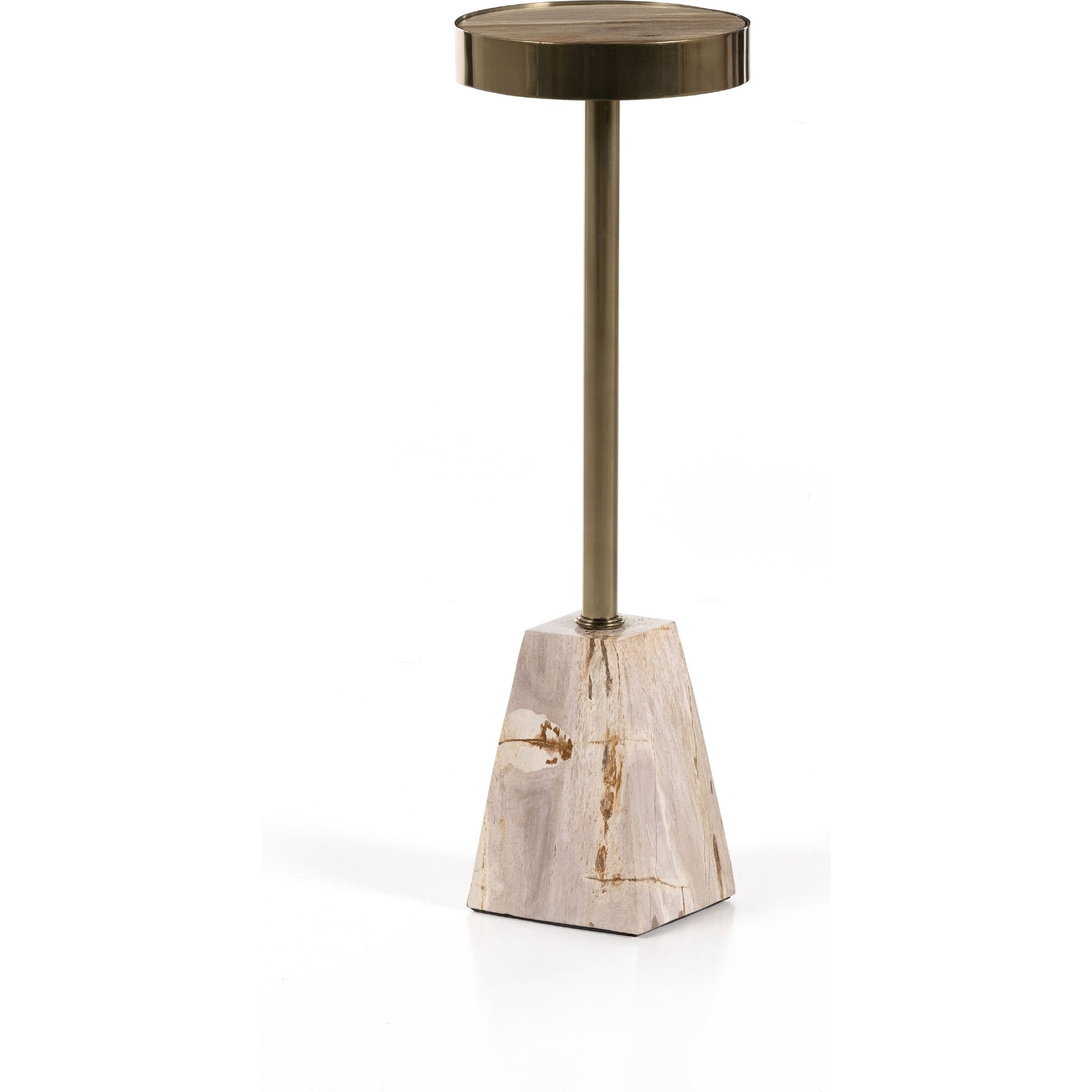 Galen End Table by Four Hands in dark petrified wood, shiny brass. Made from petrified wood, stainless steel in a modern style.