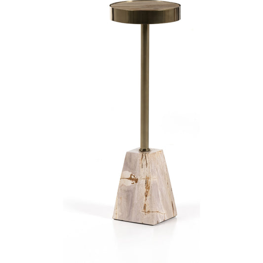 Galen End Table by Four Hands in dark petrified wood, shiny brass. Made from petrified wood, stainless steel in a modern style.