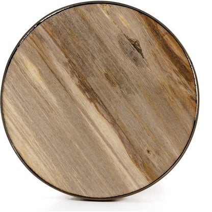 Galen End Table by Four Hands in dark petrified wood, shiny brass. Made from petrified wood, stainless steel in a modern style.