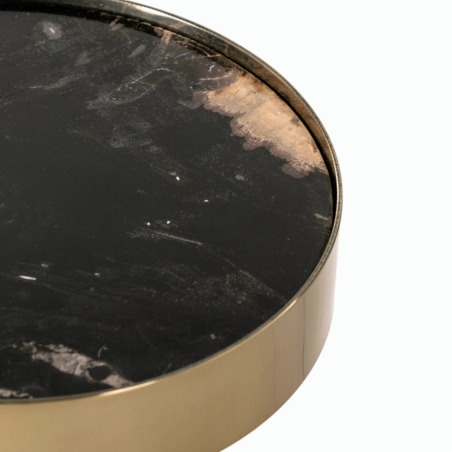 035 SI-1902901 | Closeup | Galen End Table by Four Hands in dark petrified wood, shiny brass. Made from petrified wood, stainless steel in a modern style.