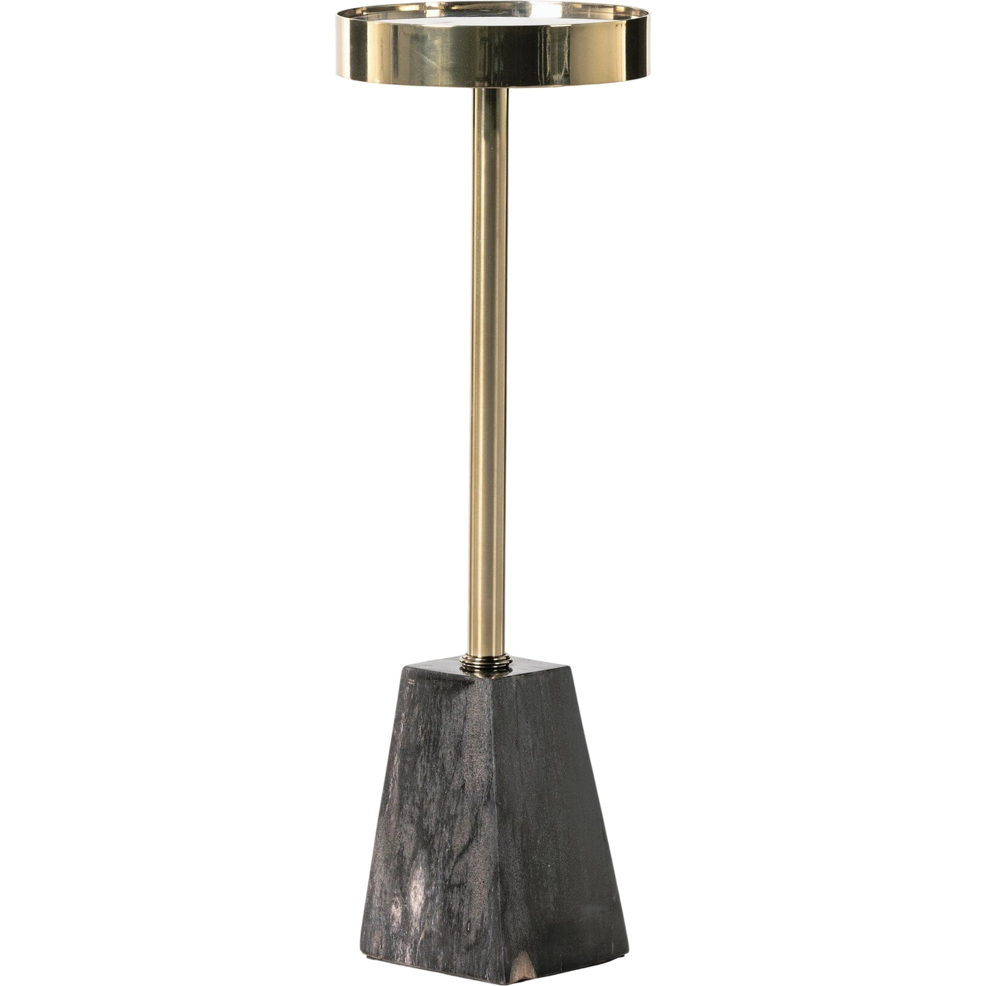 Galen End Table by Four Hands in dark petrified wood, shiny brass. Made from petrified wood, stainless steel in a modern style.