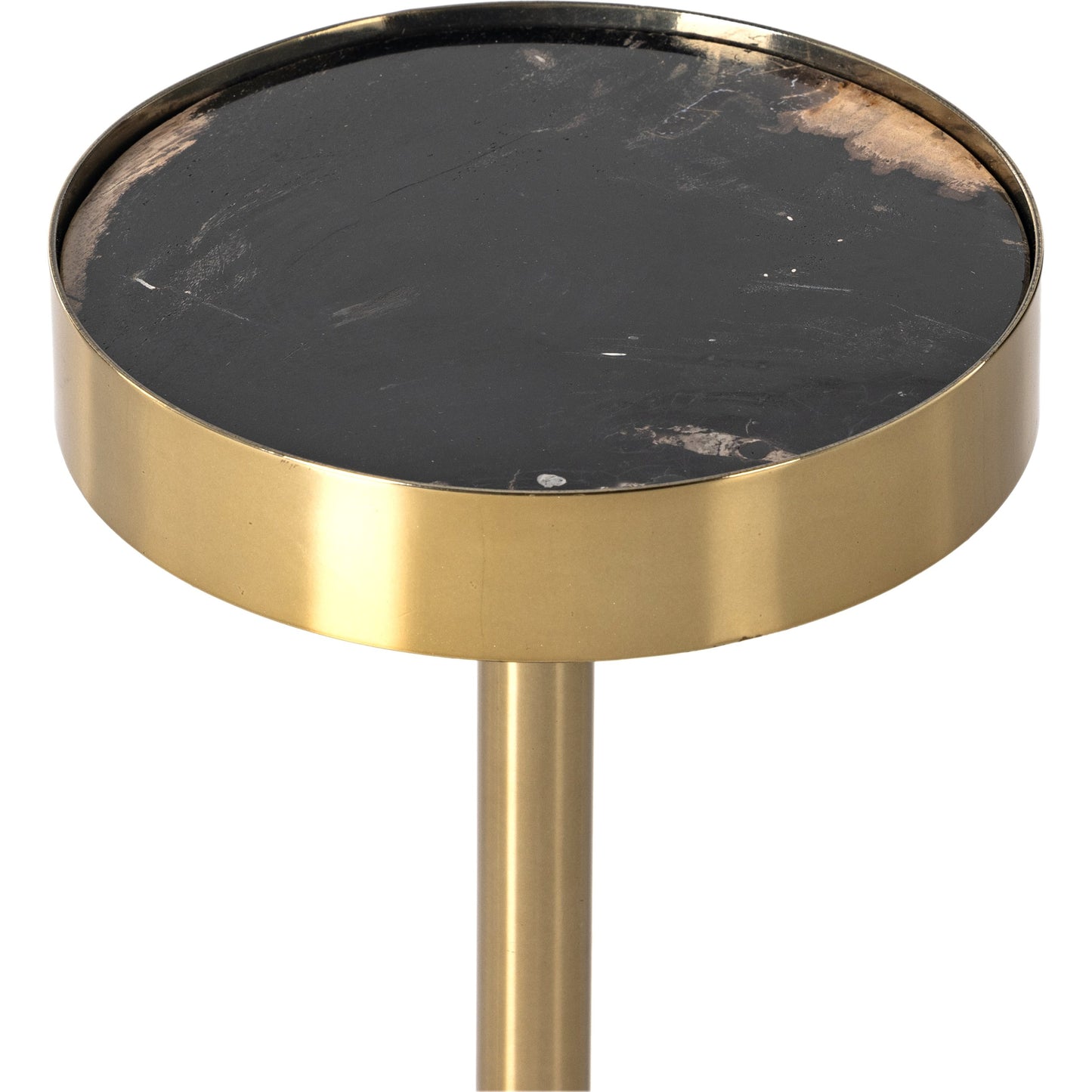 015 SI-1902901 | Closeup | Galen End Table by Four Hands in dark petrified wood, shiny brass. Made from petrified wood, stainless steel in a modern style.