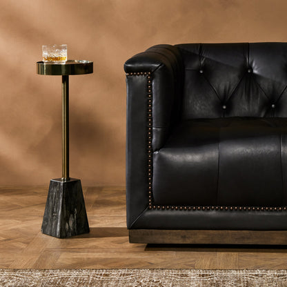 Galen End Table by Four Hands in dark petrified wood, shiny brass. Made from petrified wood, stainless steel in a modern style.