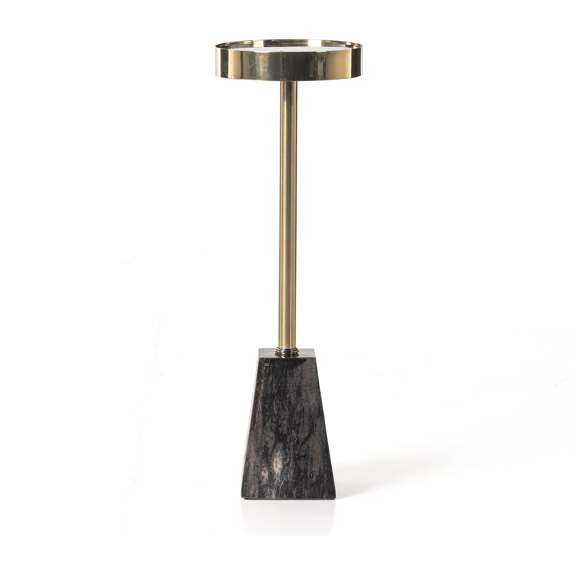 Galen End Table by Four Hands in dark petrified wood, shiny brass. Made from petrified wood, stainless steel in a modern style.