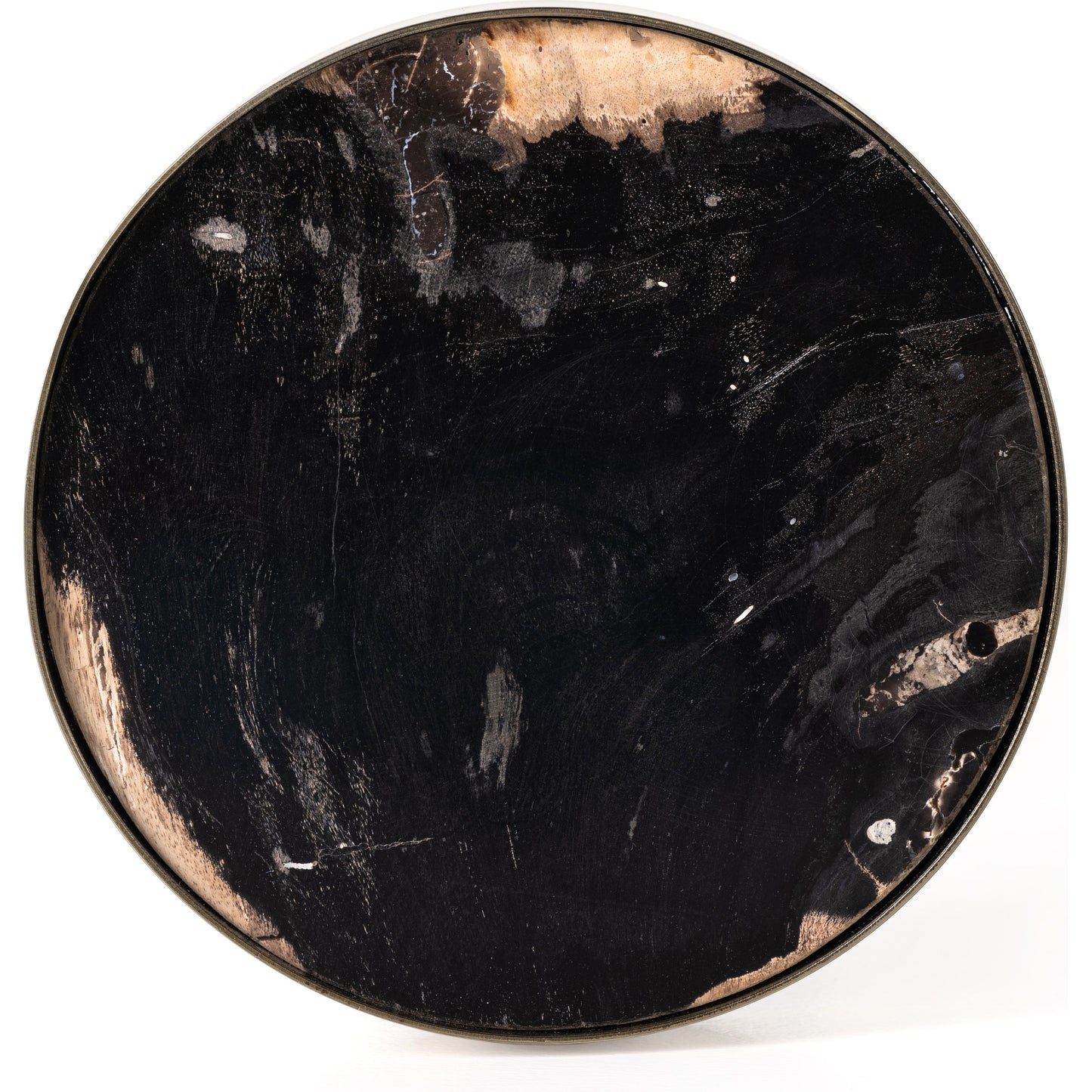 014 SI-1902901 | Additional Silo | Galen End Table by Four Hands in dark petrified wood, shiny brass. Made from petrified wood, stainless steel in a modern style.
