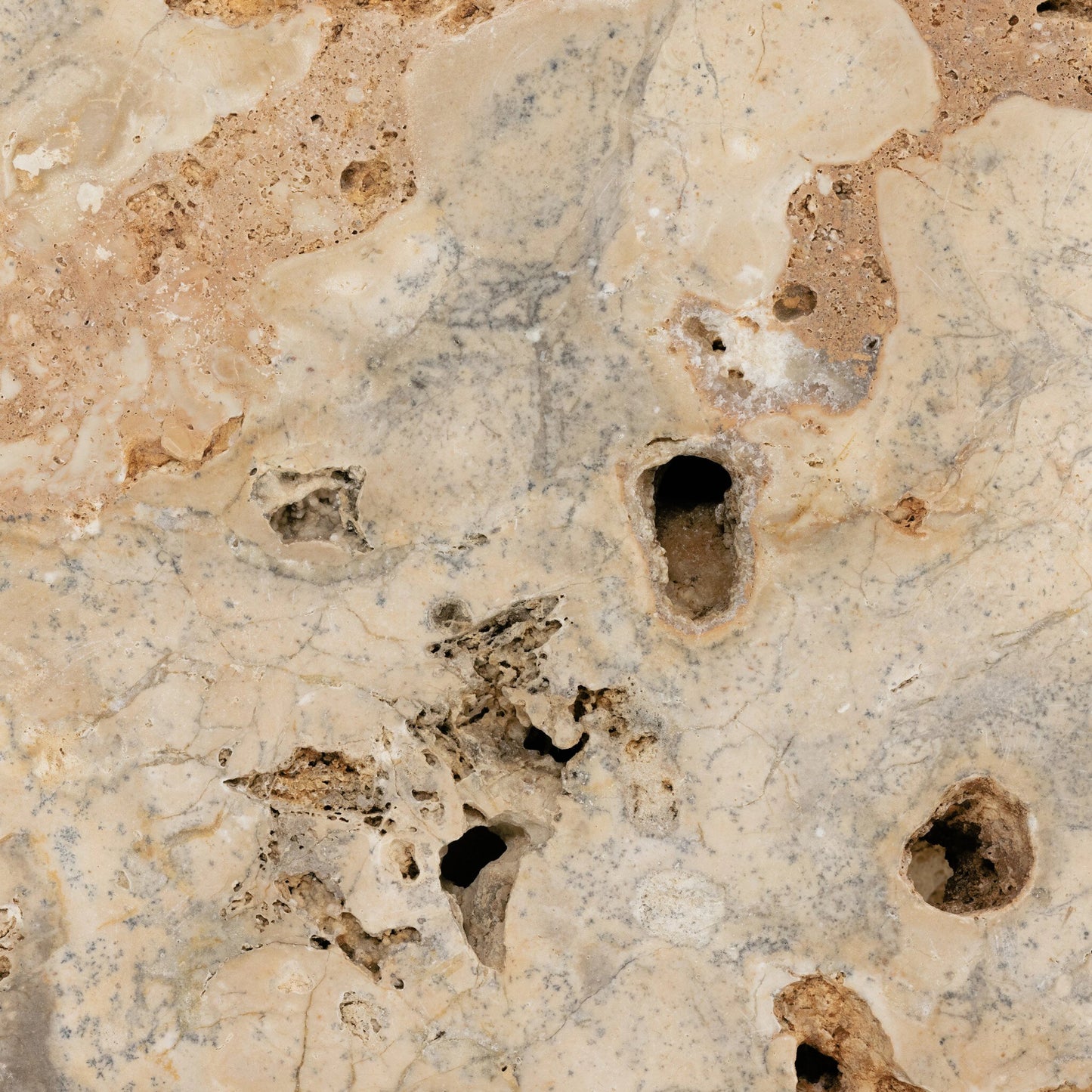 032 SI-1799582 | Closeup | Faydon End Table by Four Hands in romano fosse travertine. Made from solid travertine in a cottage & farmhouse style.
