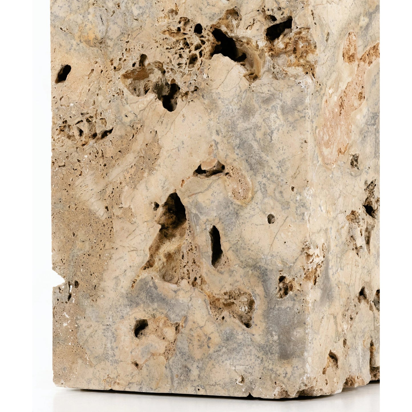 033 SI-1799582 | Closeup | Faydon End Table by Four Hands in romano fosse travertine. Made from solid travertine in a cottage & farmhouse style.