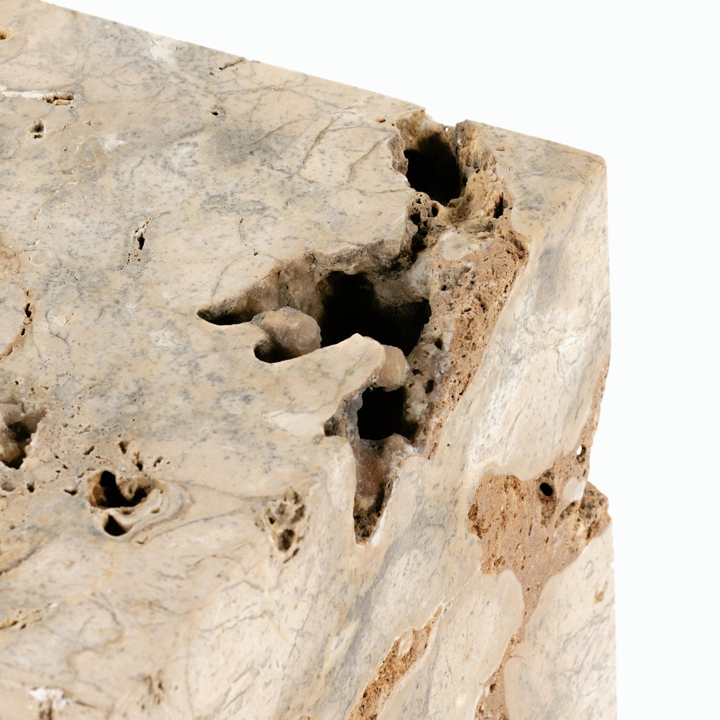 036 SI-1799582 | Closeup | Faydon End Table by Four Hands in romano fosse travertine. Made from solid travertine in a cottage & farmhouse style.