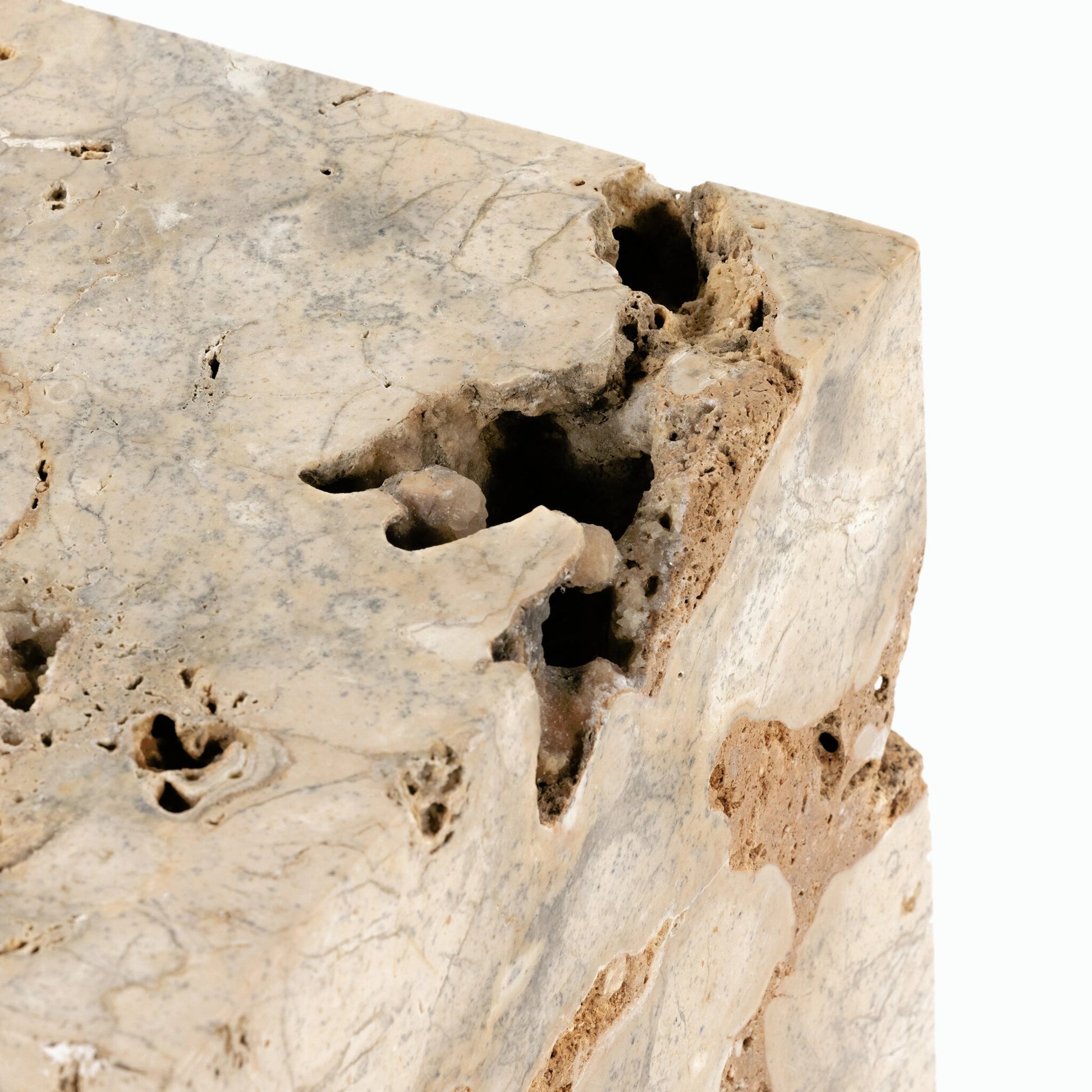 Faydon End Table by Four Hands in romano fosse travertine. Made from solid travertine in a cottage & farmhouse style.
