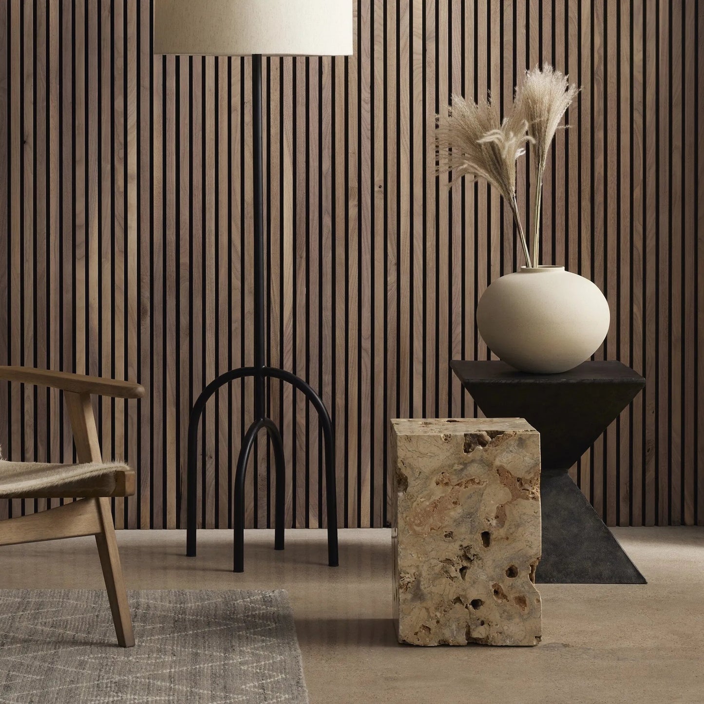 042 SI-1799582 | Lifestyle | Faydon End Table by Four Hands in romano fosse travertine. Made from solid travertine in a cottage & farmhouse style.