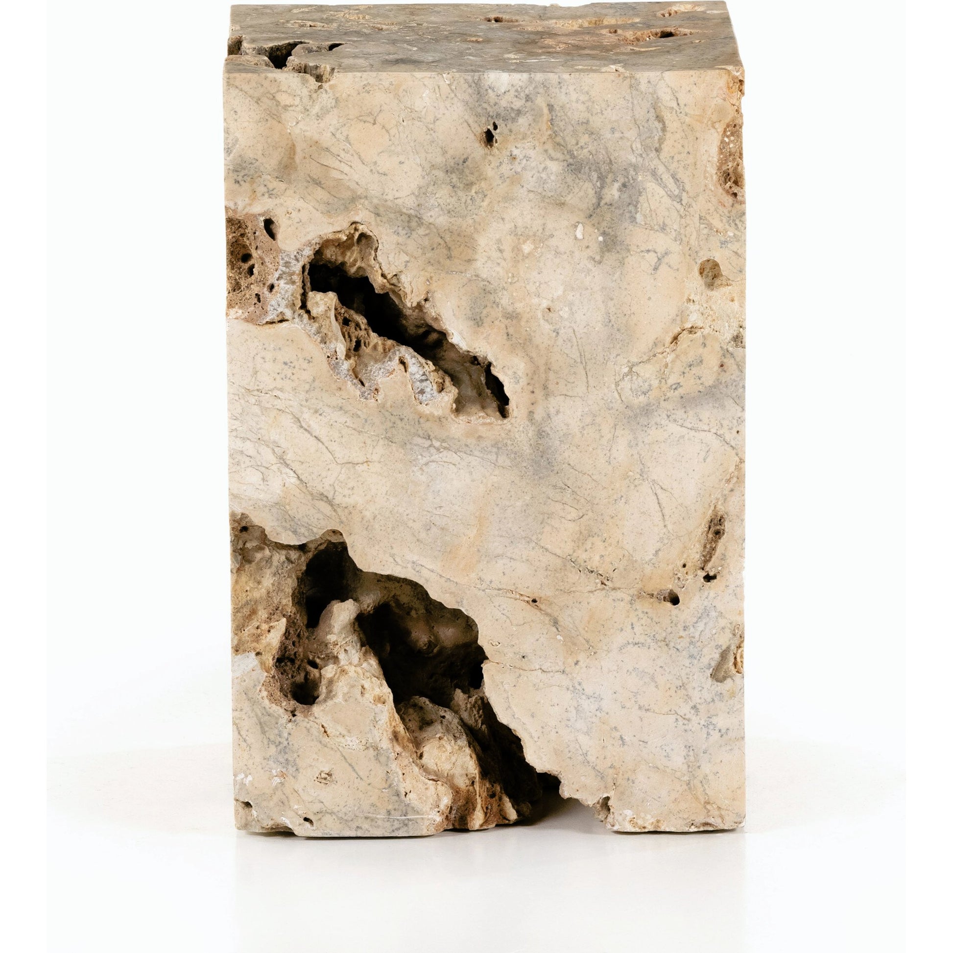Faydon End Table by Four Hands in romano fosse travertine. Made from solid travertine in a cottage & farmhouse style.