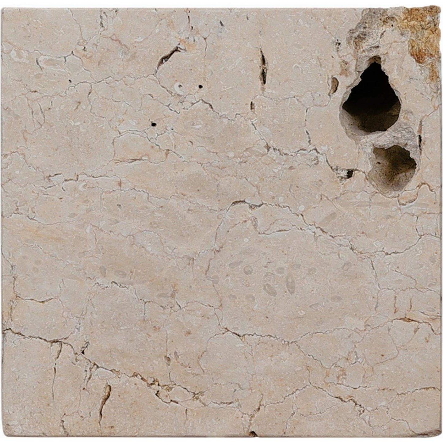 018 SI-1799582 | Closeup | Faydon End Table by Four Hands in romano fosse travertine. Made from solid travertine in a cottage & farmhouse style.