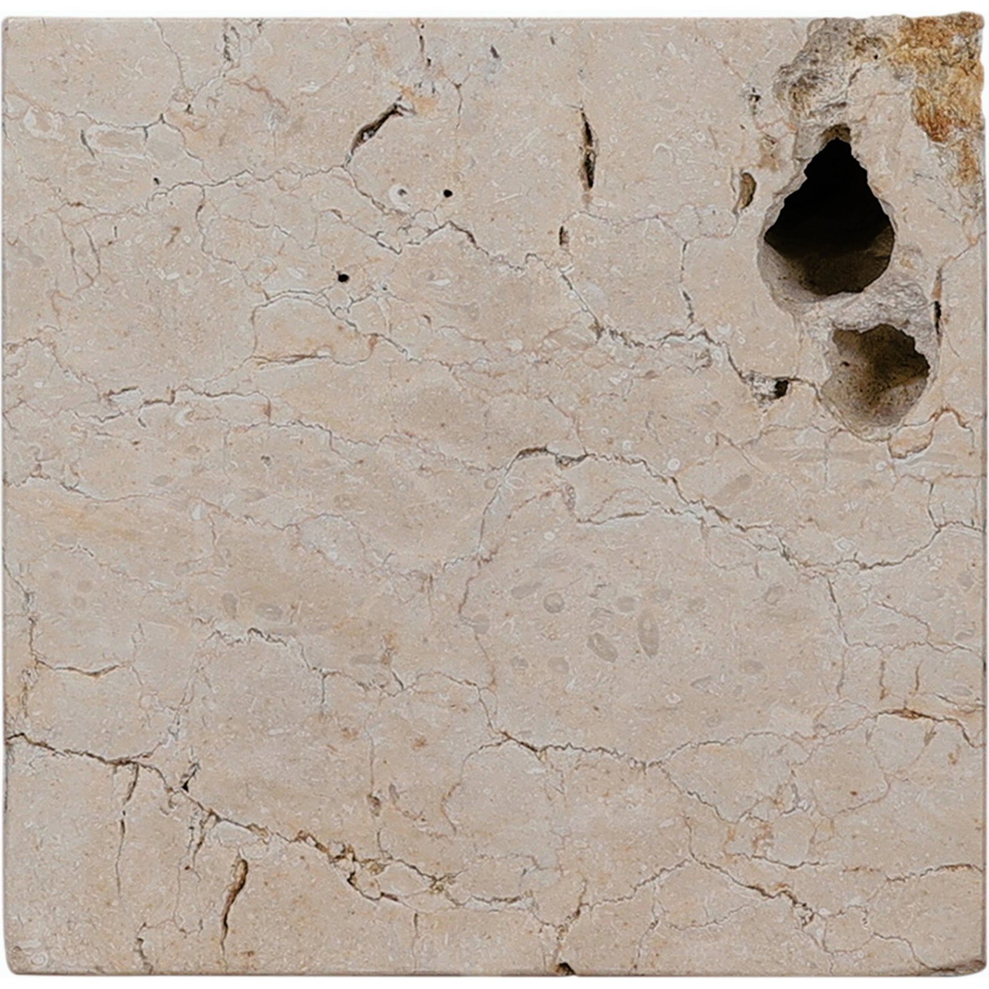 Faydon End Table by Four Hands in romano fosse travertine. Made from solid travertine in a cottage & farmhouse style.