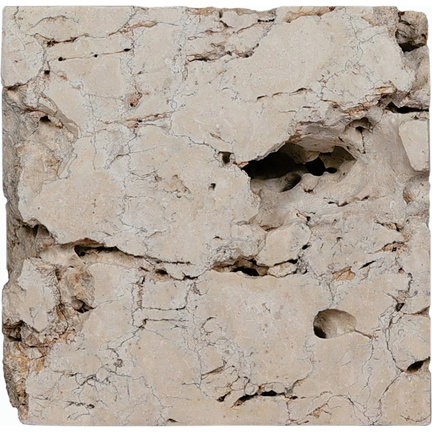023 SI-1799582 | Closeup | Faydon End Table by Four Hands in romano fosse travertine. Made from solid travertine in a cottage & farmhouse style.