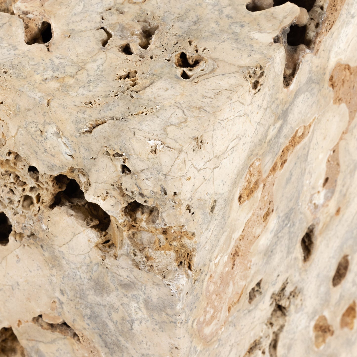 007 SI-1799582 | Closeup | Faydon End Table by Four Hands in romano fosse travertine. Made from solid travertine in a cottage & farmhouse style.