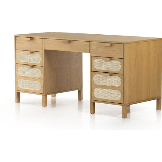Allegra Executive Desk by Four Hands in honey oak veneer, light natural cane, honey oak and honey oak. Made from oak veneer, cane, solid oak in a coastal style.