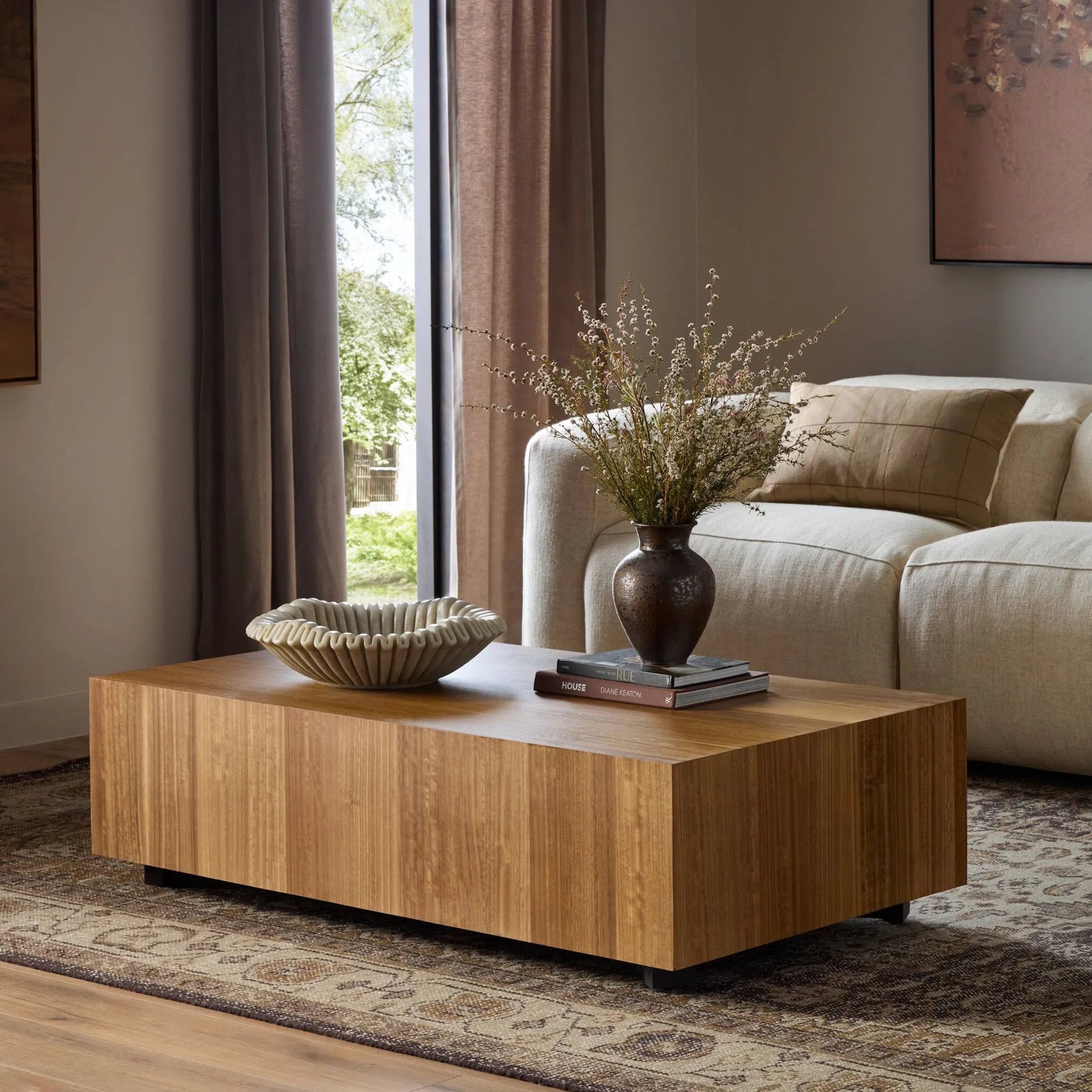 Hudson Rectangle Coffee Table by Four Hands in spalted primavera, black pine. Made from thick primavera veneer, solid pine in a unique style.
