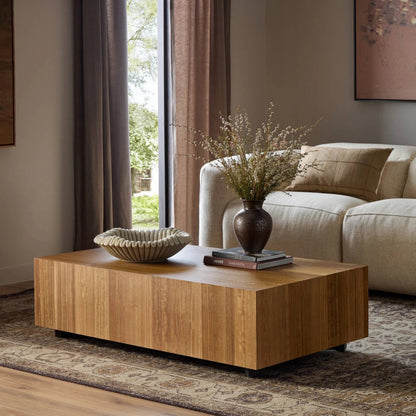Hudson Rectangle Coffee Table by Four Hands in spalted primavera, black pine. Made from thick primavera veneer, solid pine in a unique style.