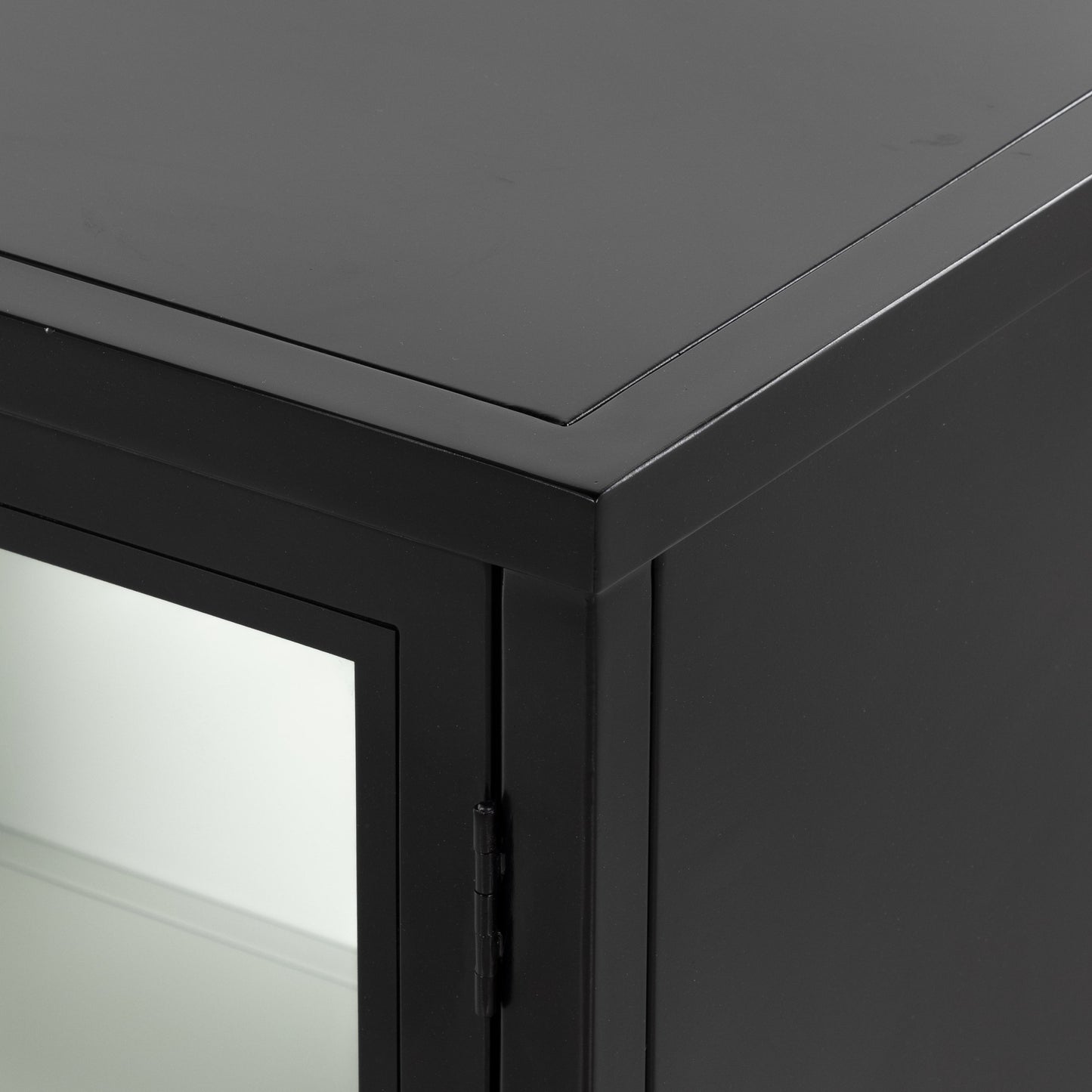 018 SI-1797976 | Closeup | Lexington Small Cabinet by Four Hands in black, tempered glass, white. Made from iron in a modern style.