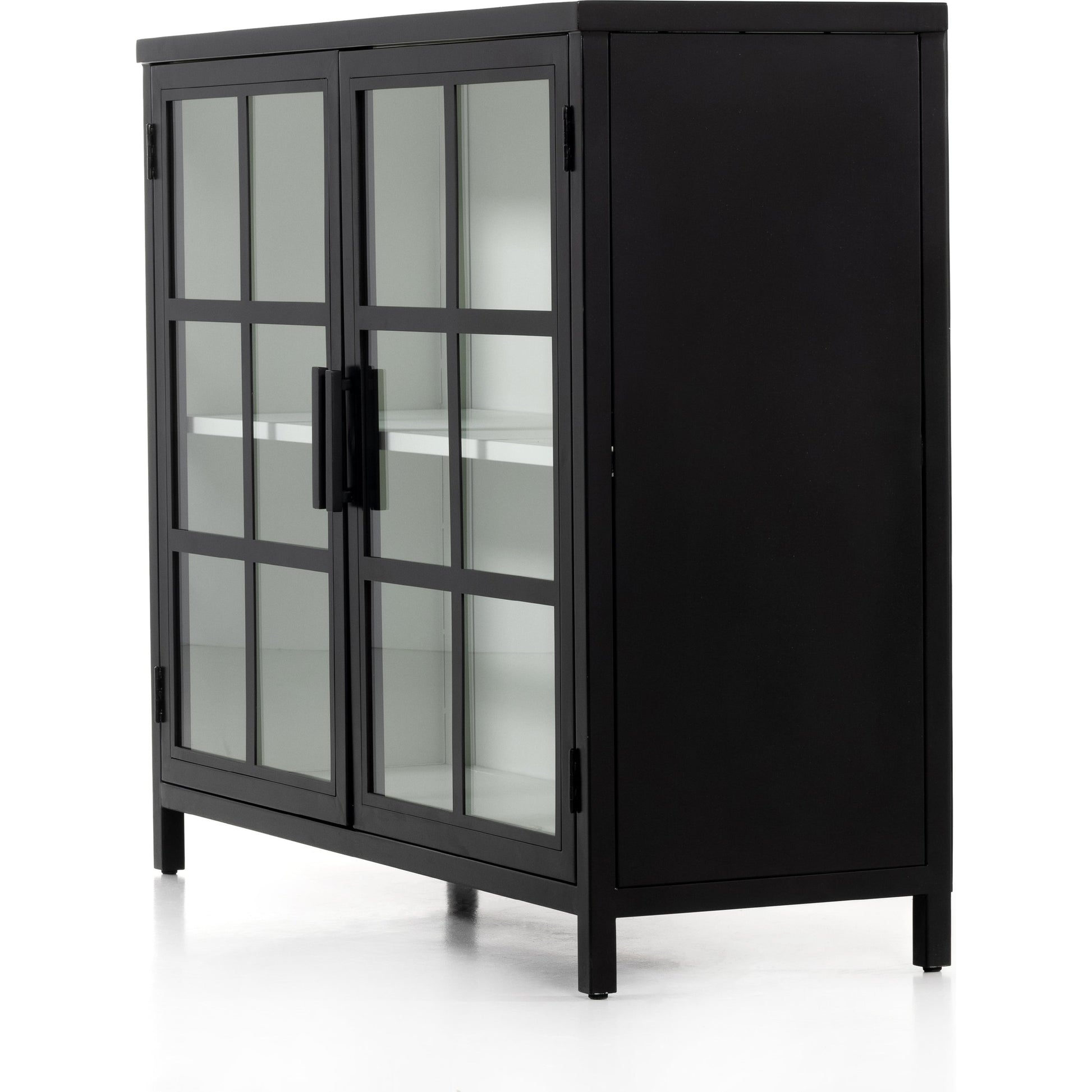 Lexington Small Cabinet by Four Hands in black, tempered glass, white. Made from iron in a modern style.