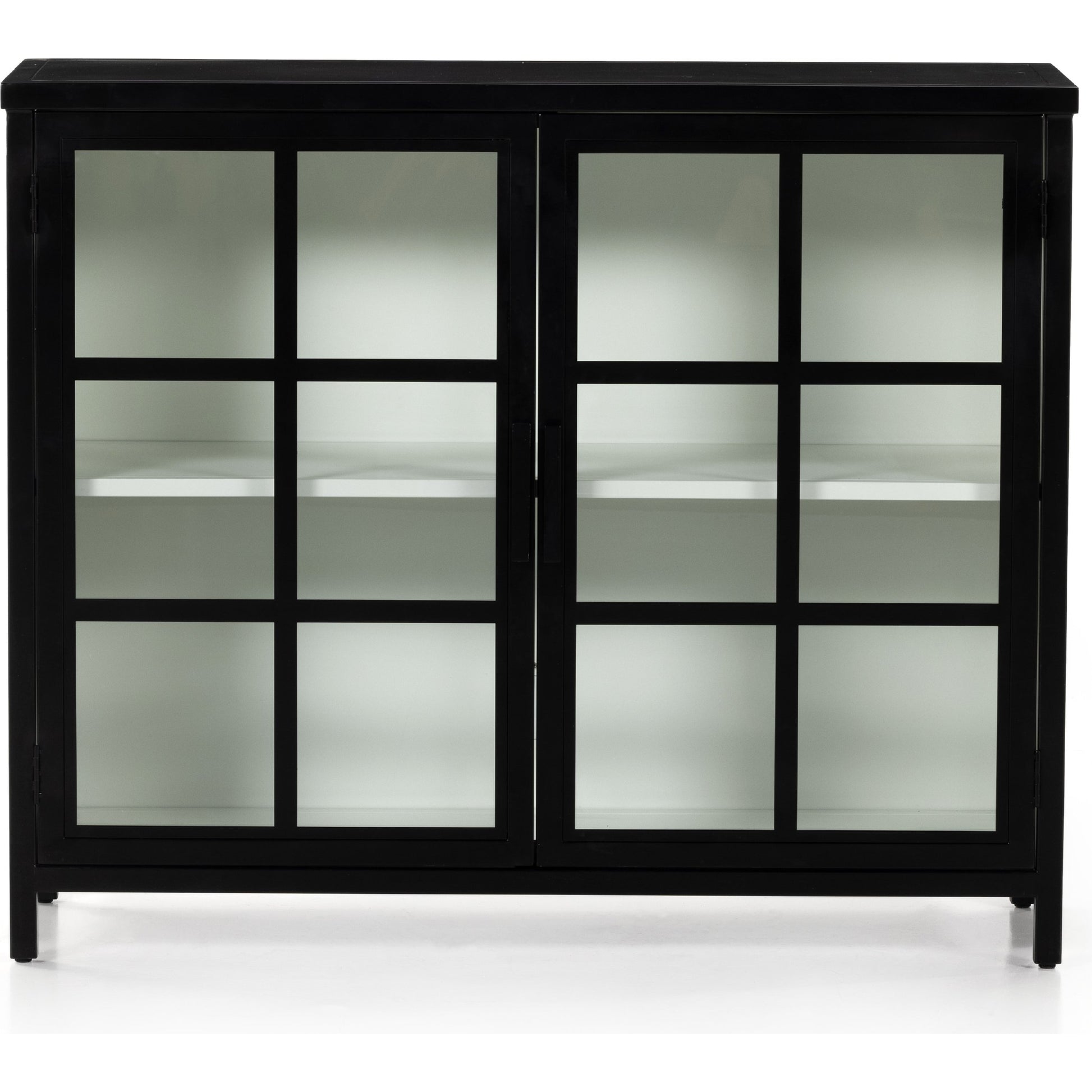 Lexington Small Cabinet by Four Hands in black, tempered glass, white. Made from iron in a modern style.
