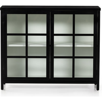 Lexington Small Cabinet by Four Hands in black, tempered glass, white. Made from iron in a modern style.