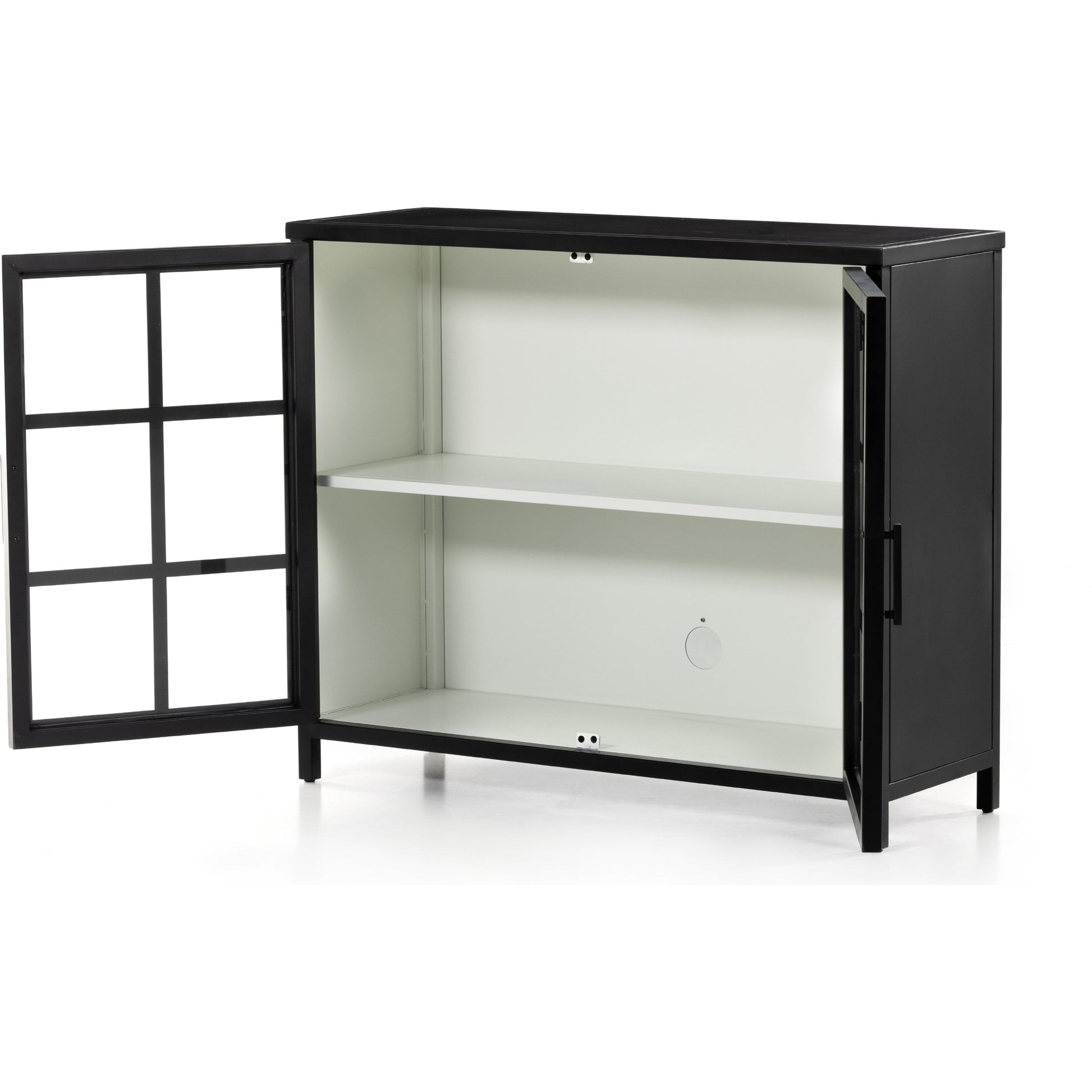 Lexington Small Cabinet by Four Hands in black, tempered glass, white. Made from iron in a modern style.