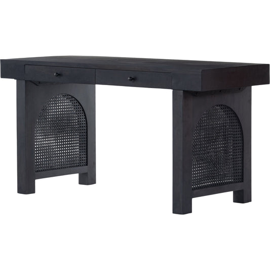 Tilda Desk by Four Hands in black wash mango, black circle cane, black iron and black wash mango. Made from solid mango, iron in a coastal style.