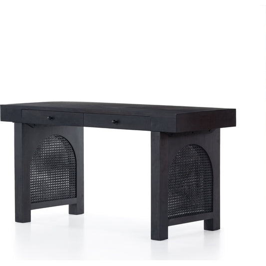 Tilda Desk by Four Hands in black wash mango, black circle cane, black iron and black wash mango. Made from solid mango, iron in a coastal style.