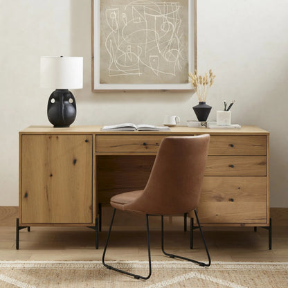 Eaton Executive Desk by Four Hands in light oak, dark gunmetal. Made from thick oak veneer, iron in a modern style.