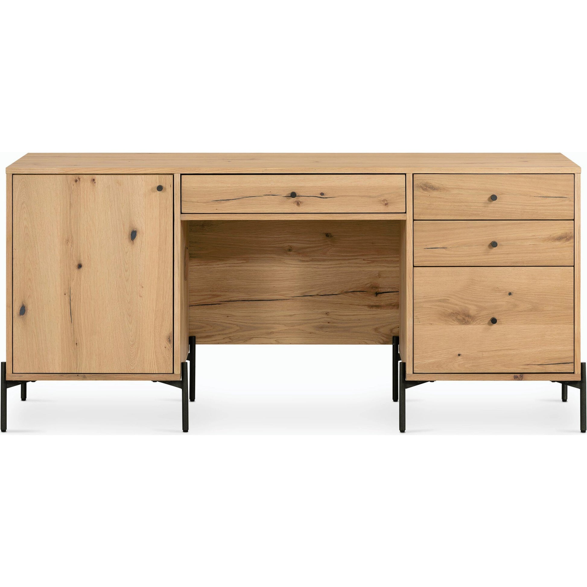 Eaton Executive Desk by Four Hands in light oak, dark gunmetal. Made from thick oak veneer, iron in a modern style.