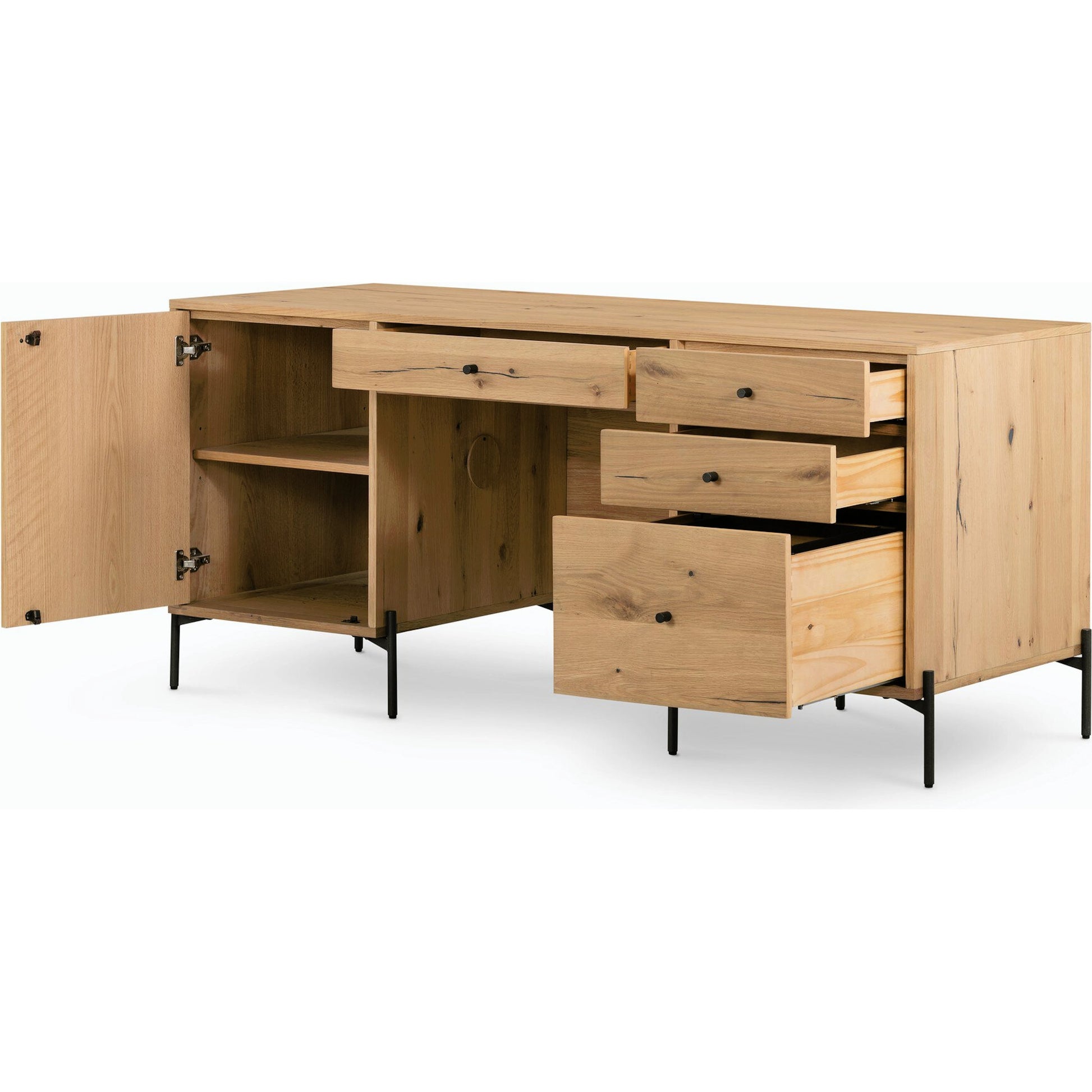 Eaton Executive Desk by Four Hands in light oak, dark gunmetal. Made from thick oak veneer, iron in a modern style.