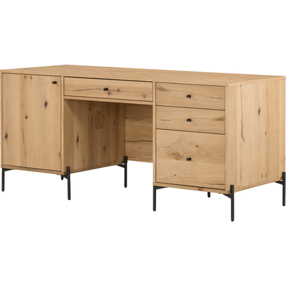 Eaton Executive Desk by Four Hands in light oak, dark gunmetal. Made from thick oak veneer, iron in a modern style.