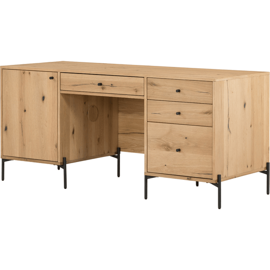 Eaton Executive Desk by Four Hands in light oak, dark gunmetal. Made from thick oak veneer, iron in a modern style.