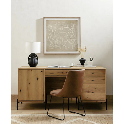Eaton Executive Desk by Four Hands in light oak, dark gunmetal. Made from thick oak veneer, iron in a modern style.