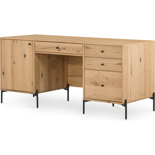 001 None | Unknown | Eaton Executive Desk by Four Hands in light oak, dark gunmetal. Made from thick oak veneer, iron in a modern style.