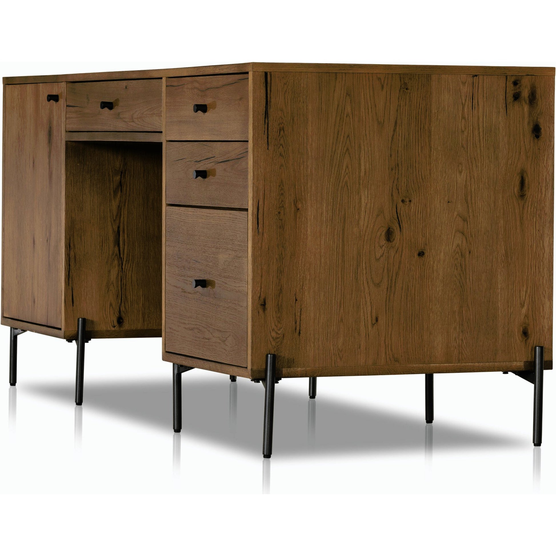 Eaton Executive Desk by Four Hands in light oak, dark gunmetal. Made from thick oak veneer, iron in a modern style.