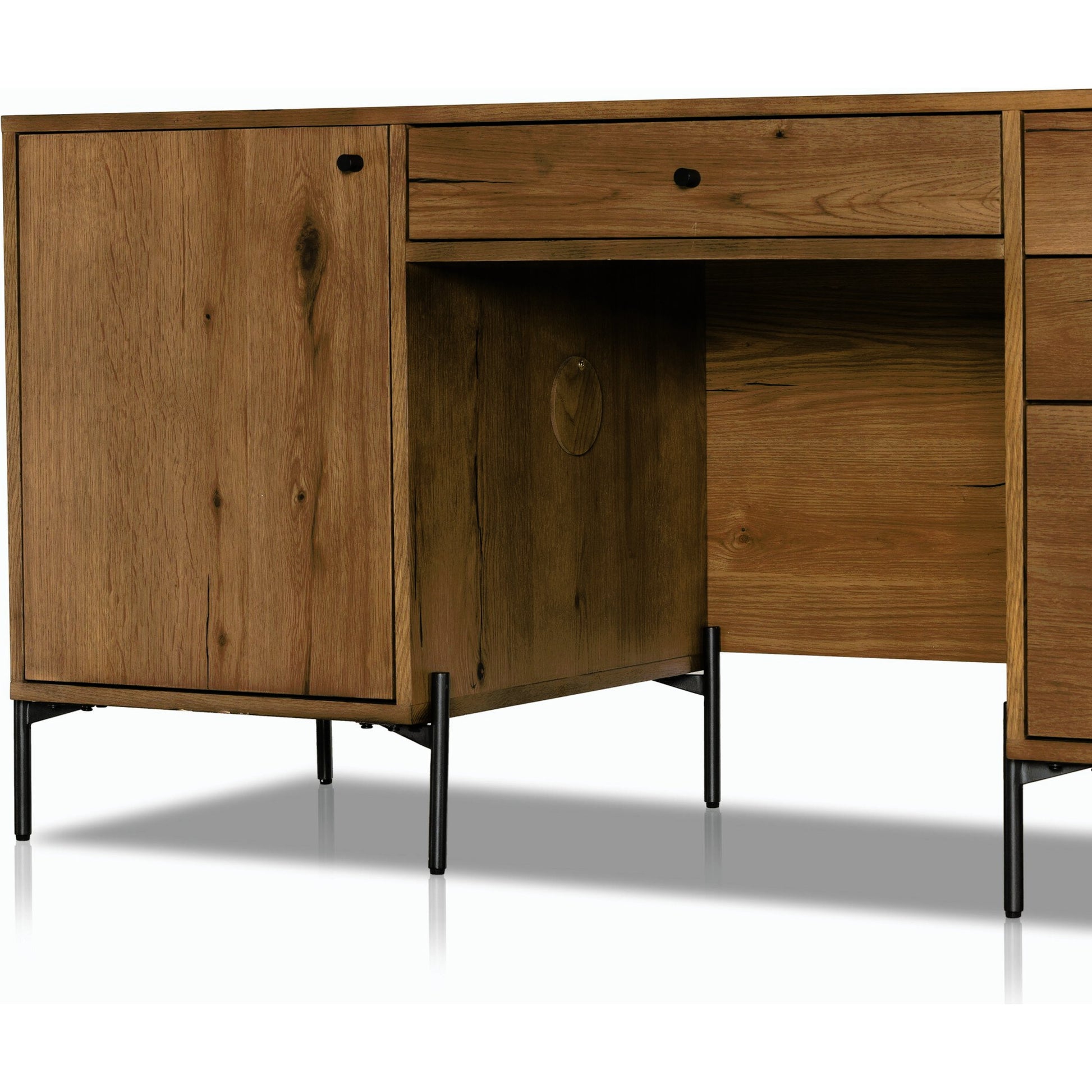 Eaton Executive Desk by Four Hands in light oak, dark gunmetal. Made from thick oak veneer, iron in a modern style.