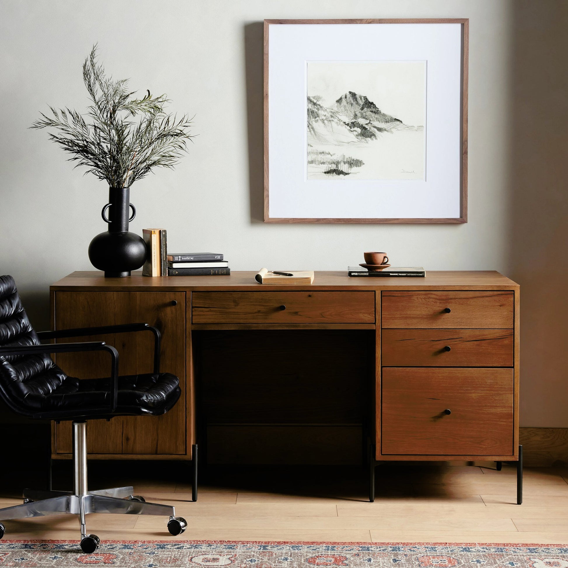 Eaton Executive Desk by Four Hands in light oak, dark gunmetal. Made from thick oak veneer, iron in a modern style.