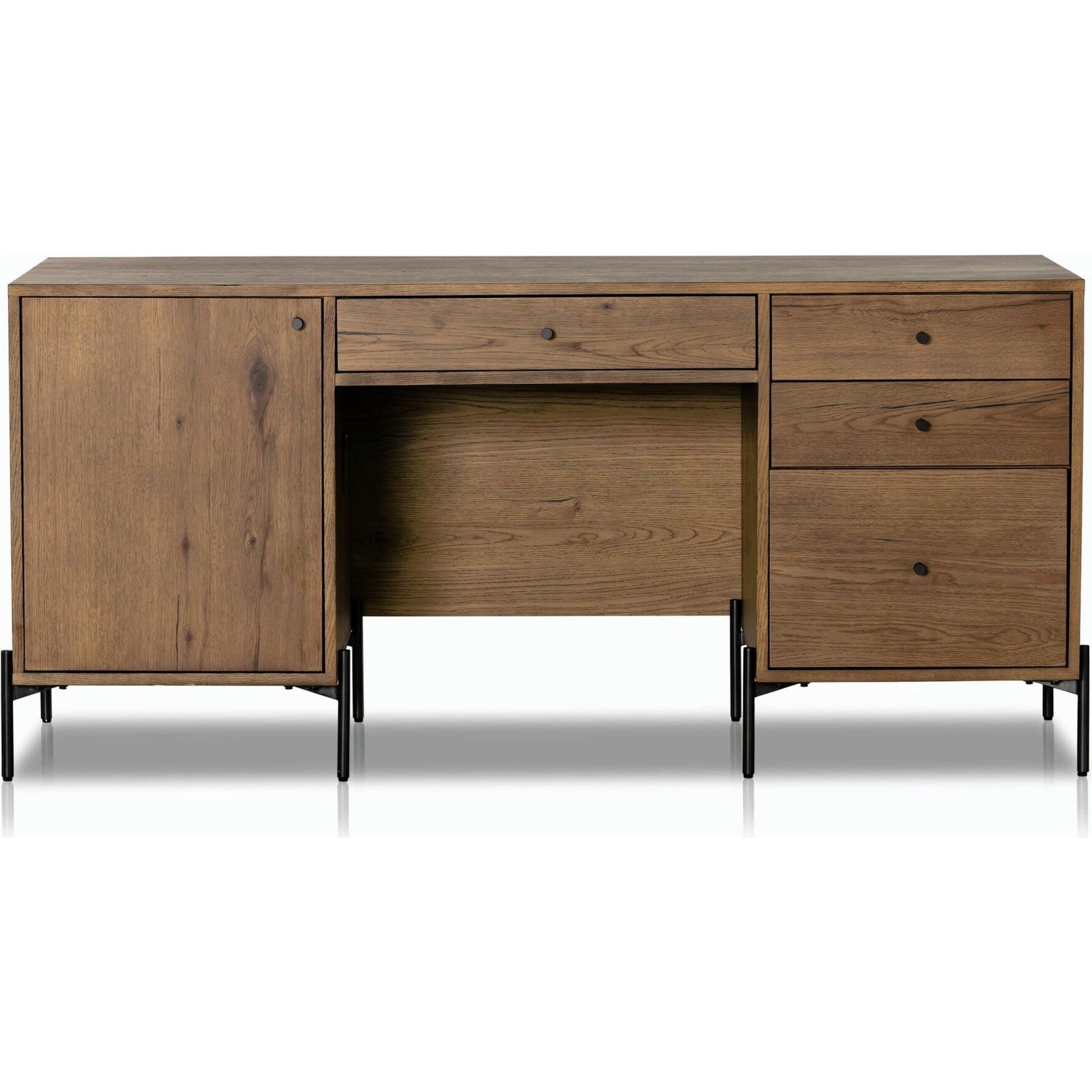 Eaton Executive Desk by Four Hands in light oak, dark gunmetal. Made from thick oak veneer, iron in a modern style.