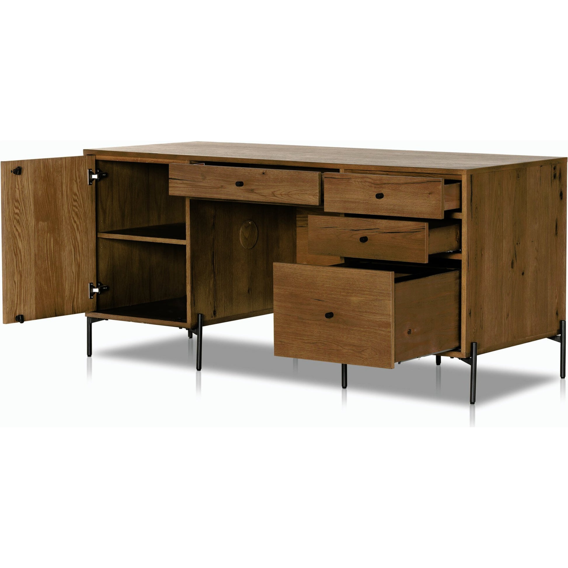 Eaton Executive Desk by Four Hands in light oak, dark gunmetal. Made from thick oak veneer, iron in a modern style.