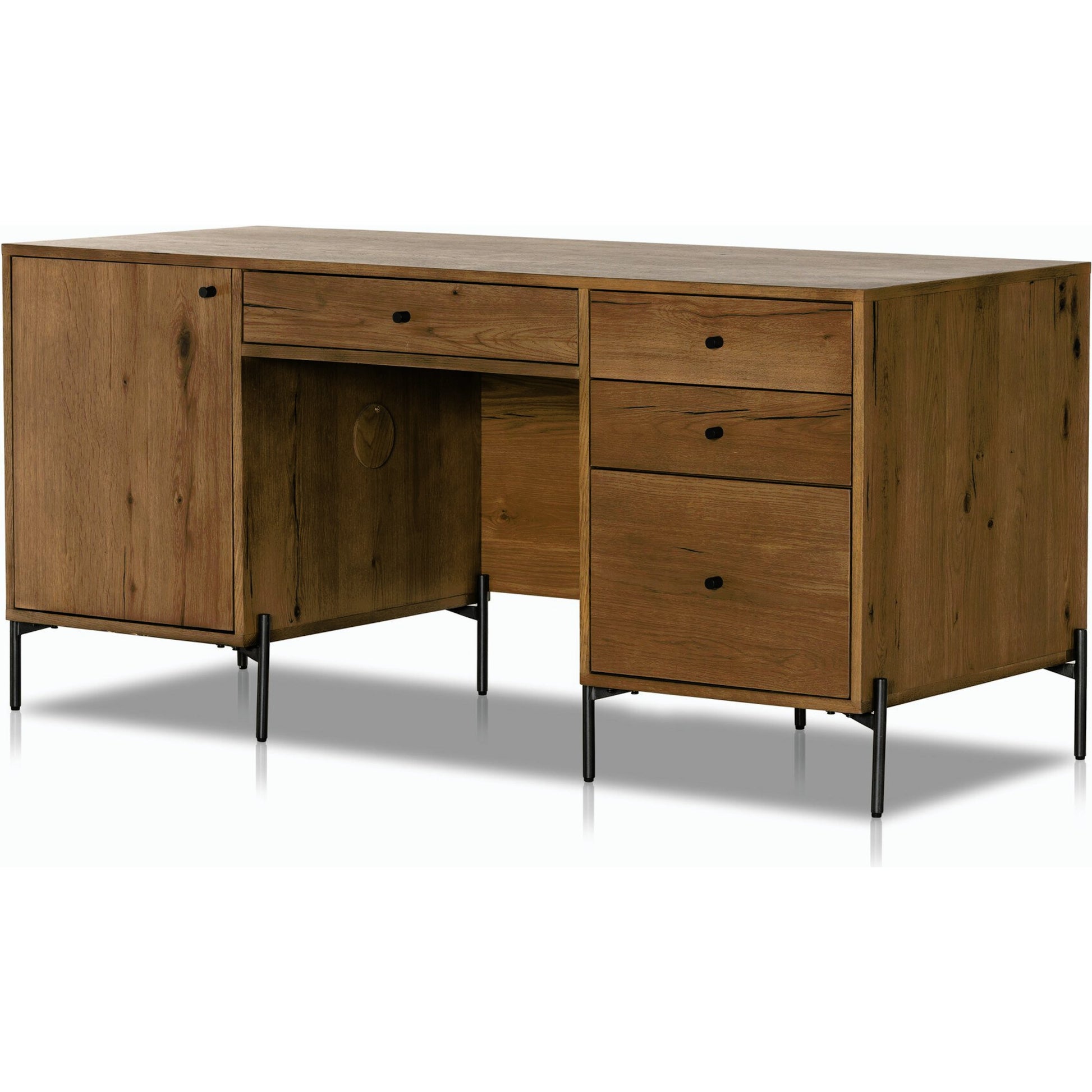 Eaton Executive Desk by Four Hands in light oak, dark gunmetal. Made from thick oak veneer, iron in a modern style.