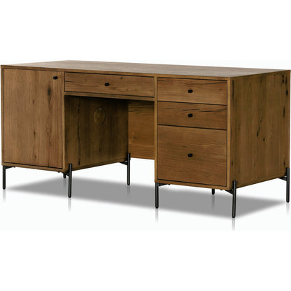 Eaton Executive Desk by Four Hands in light oak, dark gunmetal. Made from thick oak veneer, iron in a modern style.