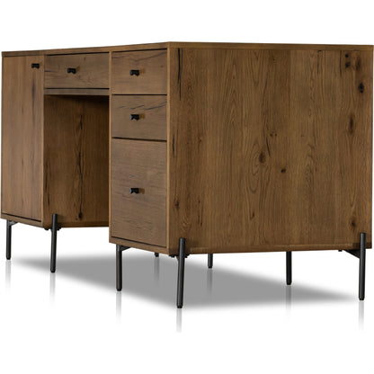 Eaton Executive Desk by Four Hands in light oak, dark gunmetal. Made from thick oak veneer, iron in a modern style.