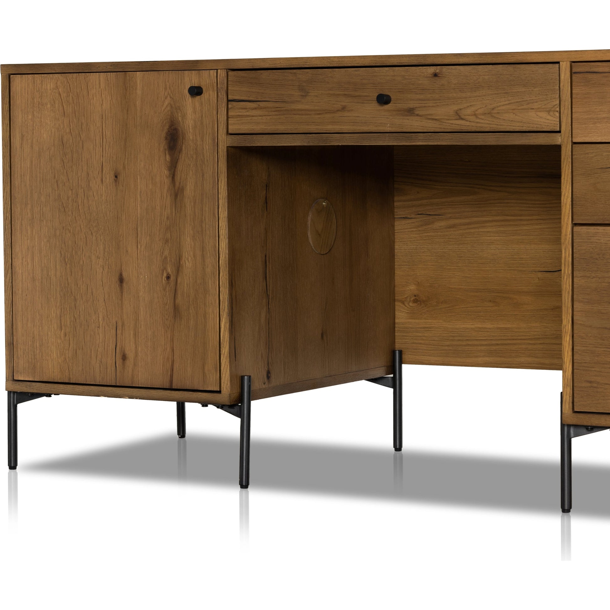 Eaton Executive Desk by Four Hands in light oak, dark gunmetal. Made from thick oak veneer, iron in a modern style.