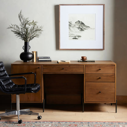 Eaton Executive Desk by Four Hands in light oak, dark gunmetal. Made from thick oak veneer, iron in a modern style.